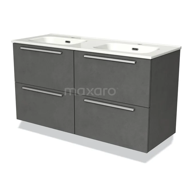 Dark grey vanity unit set with double basin, sleek design and metal handles, perfect for a modern bathroom style.