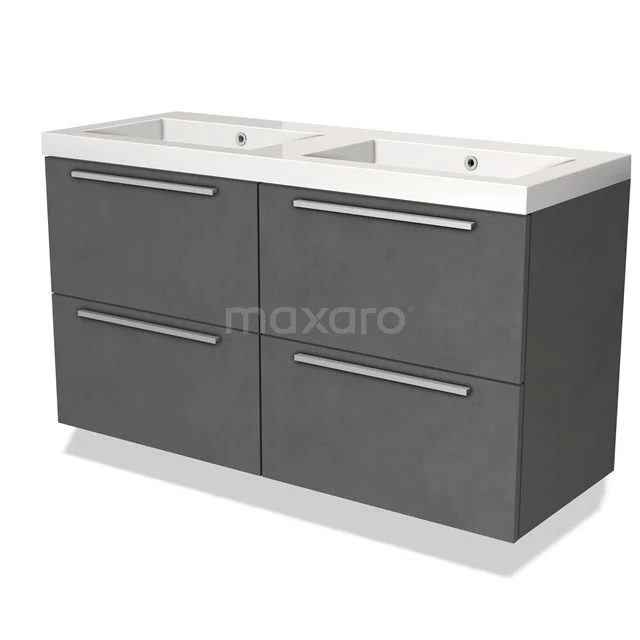 Grey bathroom furniture set with double basin, modern design, soft-close drawers and A matte finish.