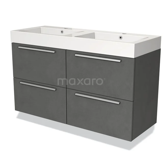 Doppelwaschbecken, grauer Schrank mit vier Schubladen, modernes Design, ideal für stilvolle und praktische Badezimmerlösungen.