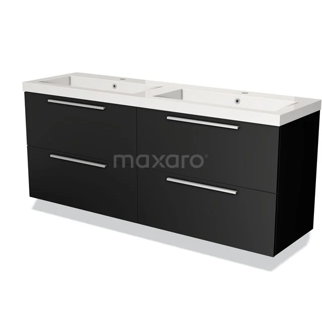 Zwarte dubbele wastafelmeubel met witte keramische wastafel, modern design, perfect voor een stijlvolle badkamerinrichting.