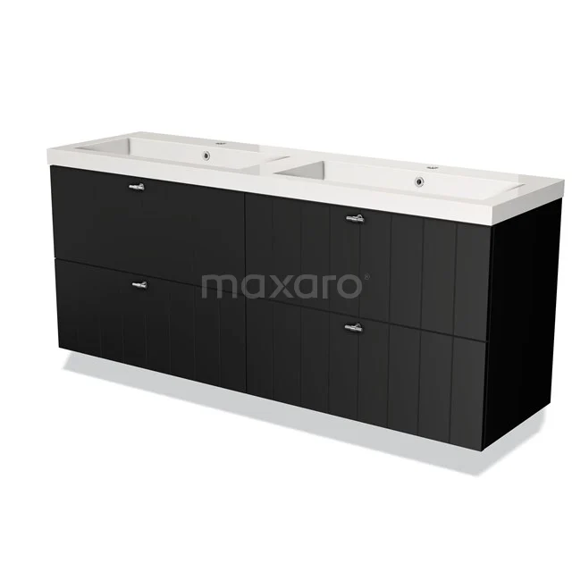 Schwarzer Doppelwaschbeckenunterbau mit weißer Keramikplatte, modernes Design, ideal für eine schlichte Badezimmergestaltung.