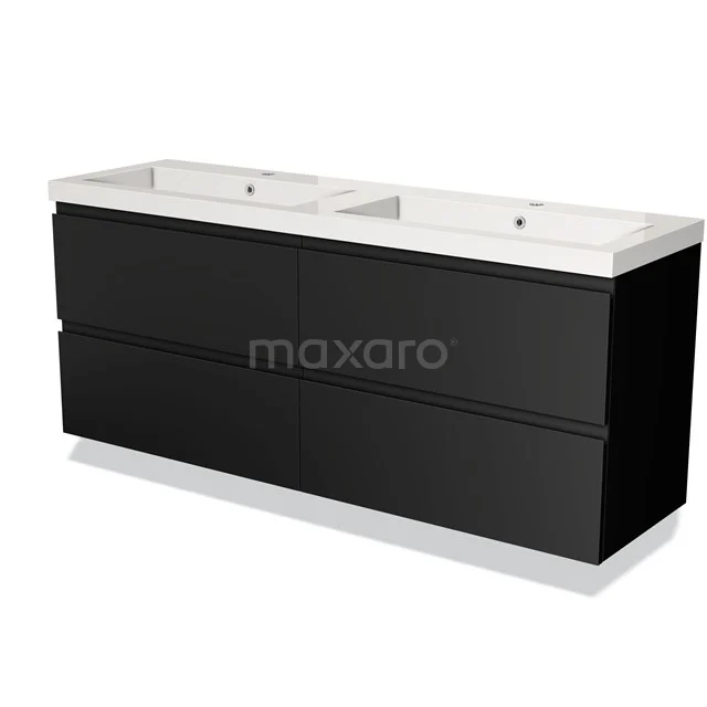 Black double basin base cabinet with high-gloss finish and ceramic basin, ideal for a modern bathroom design.