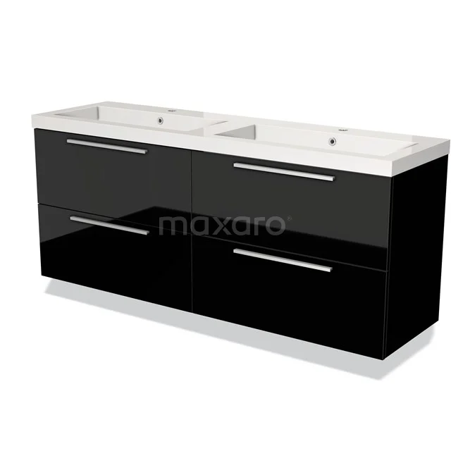 Zwarte glossy badkamermeubel met dubbele wastafel, minimalistisch ontwerp en ruime opberglades.