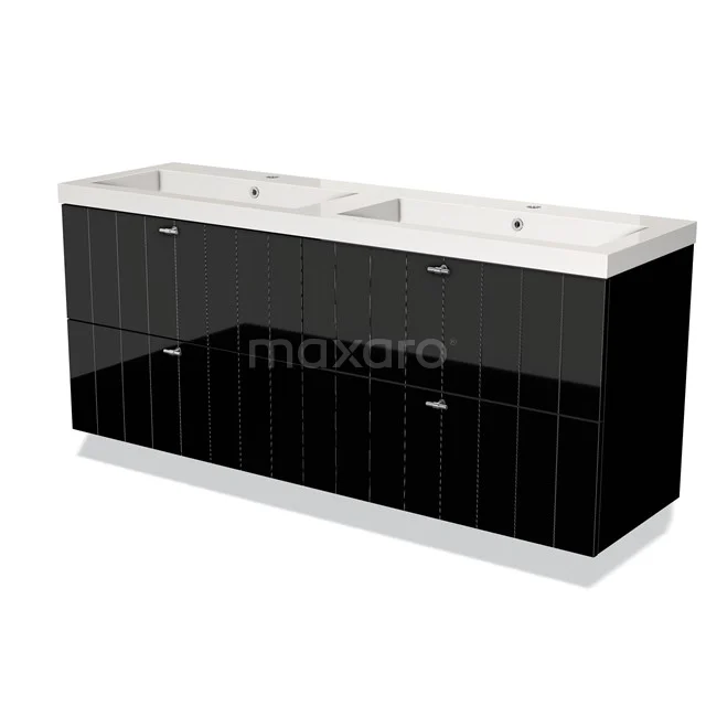 Modulo Waschtische | 160 cm Hochglanz Schwarz Lamelle front Mineralguss 4 Schubladen BMW18-00260 Schwarzes Doppelwaschbeckenmöbel mit Hochglanzoberfläche, keramischem Waschbecken und Aufbewahrungsschubladen, ideal für moderne Bäder.
