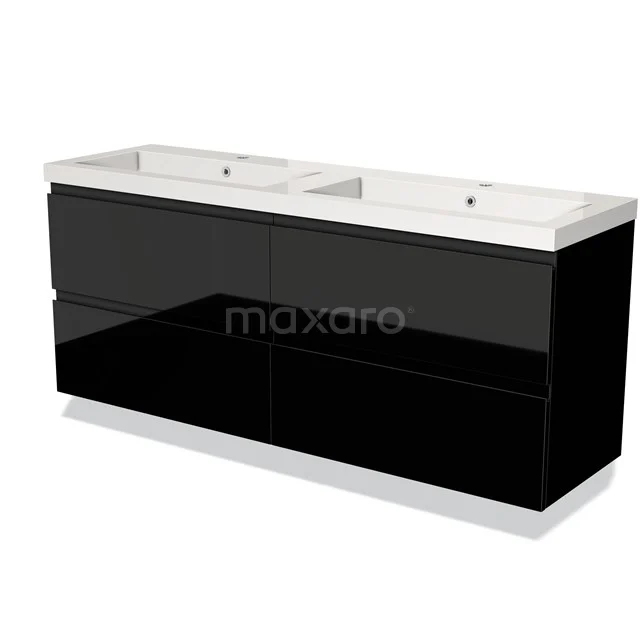 Zwarte glanzende badkamermeubelset met dubbele wastafel, moderne uitstraling en softclose lades, ideaal voor een ruime badkamer.