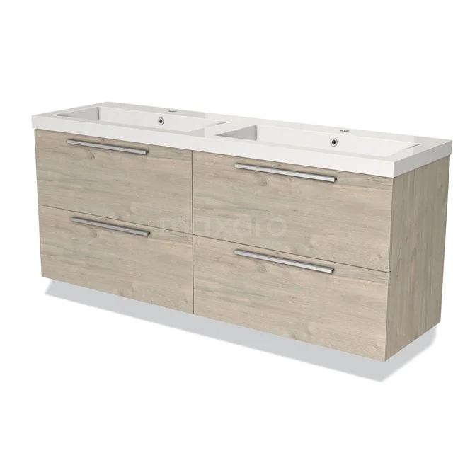 Houten badkamermeubel met dubbele wastafel, licht eiken kleur, met vier lades en strakke metalen handgrepen, modern design.