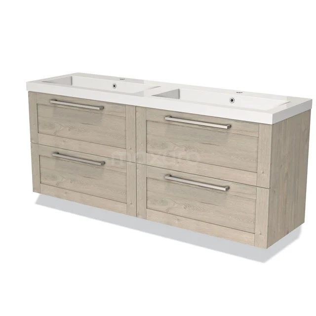 Dubbele houten wastafelmeubel met vier lades, licht eiken afwerking en modern design, perfect voor ruime badkameropslag.