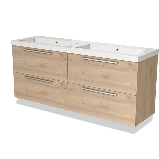 Houten badkamermeubel met dubbele wastafel, moderne vormgeving, licht eiken afwerking en vier lades voor handige opbergruimte.