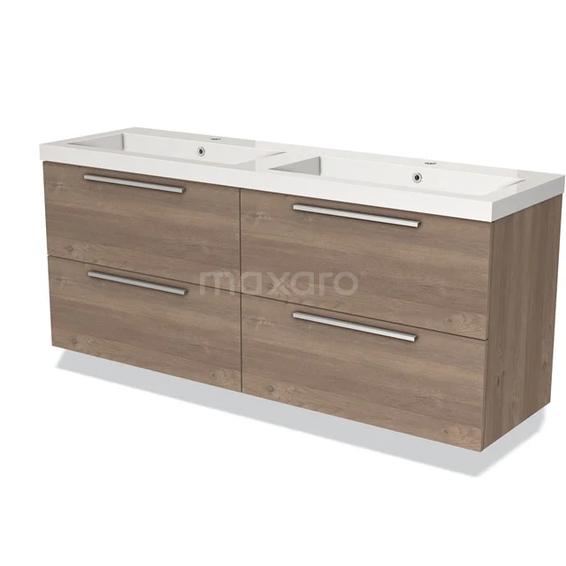 Houten badmeubel met dubbele wastafel, moderne afwerking, vier lades en RVS handgrepen. Perfect voor praktische badkameropslag.