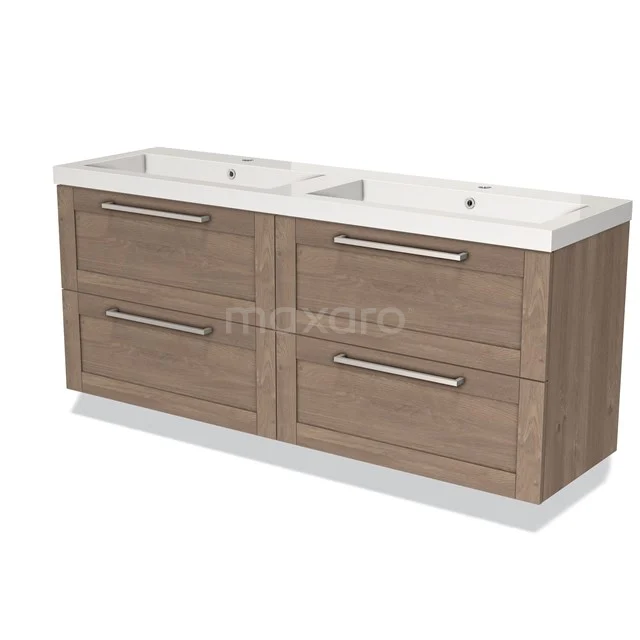 Houten badkamermeubel met dubbele wastafel, vier lades en metalen handgrepen, modern design in lichte eiken kleur.
