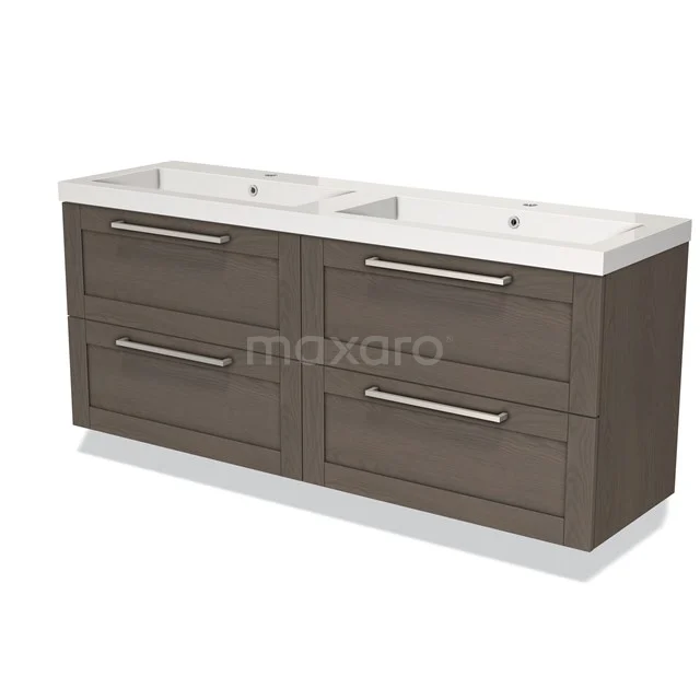 Donkerhouten badkamermeubel met dubbele wastafel, moderne designkast met vier lades en metalen handgrepen.