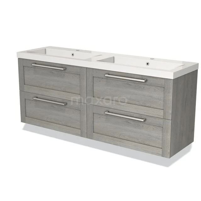 Grey wooden bathroom unit with double basin, four drawers and metal handles; modern design.
