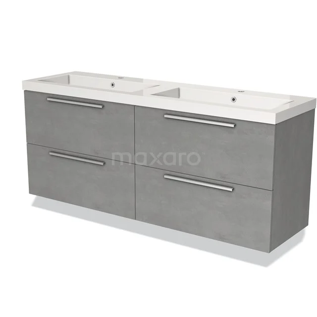 Grey bathroom furniture set with double basin, four drawers and brushed metal handles, modern and functional design.