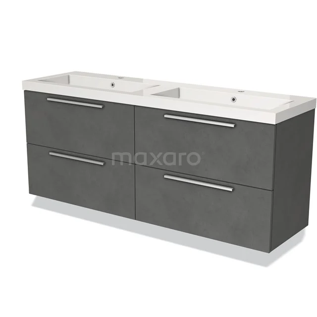 Antrazit Badezimmermöbel mit Doppelwaschbecken, klarer Formgebung, vier Schubladen und metallischen Haltegriffen.