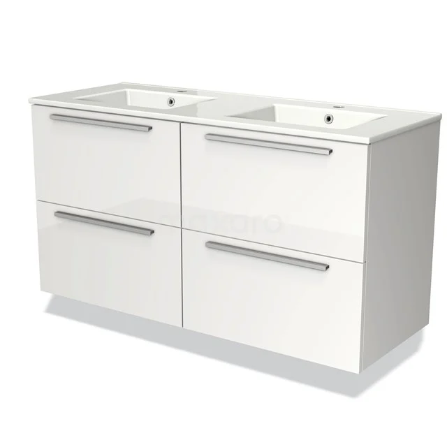 White bathroom unit with double basin, four drawers and sleek metal handles, ideal for modern bathrooms.