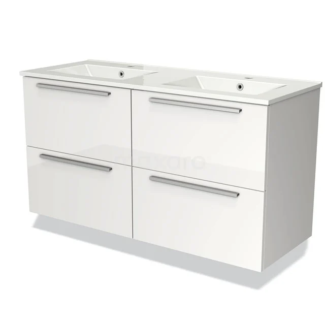 Dubbele witte badkamerkast met vier lades, strak design en chroomkleurige handgrepen, ideaal voor moderne badkamers.