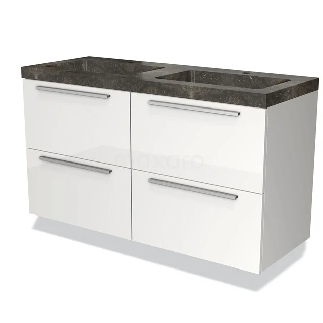 Wit badkamermeubel met vier lades, marmeren blad en geïntegreerde wastafel, moderne look en metalen handgrepen.