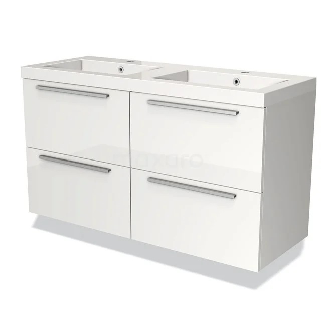 Witte badkamermeubelset met dubbele wastafel, vier lades en strak design. Perfect voor moderne badkamers.
