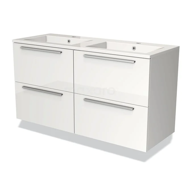 White lacquered double vanity unit with sleek handles, four drawers and modern bathroom style.
