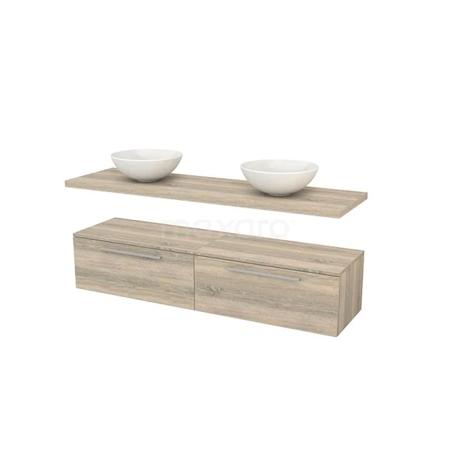Wooden bathroom unit with two white sinks, hanging design, natural wood look, ideal for a modern bathroom.
