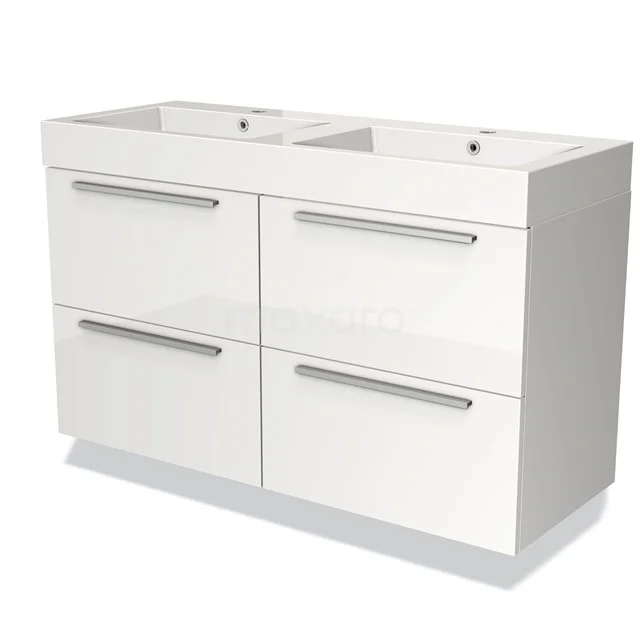 Witte badkamermeubel met dubbele wastafel, vier lades en metalen handgrepen, strak design voor moderne badkamer inrichting.