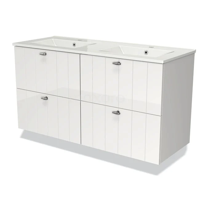 White double washbasin base unit with drawer handles, wood-look panels and ceramic sink; stylish bathroom unit solution.