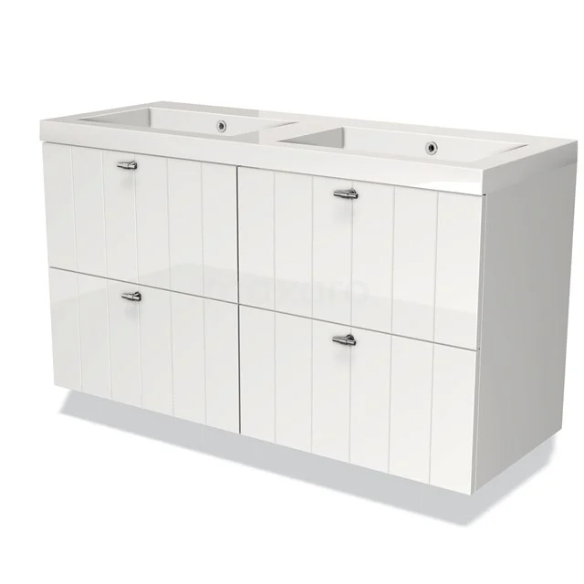 Witte badkamermeubelset met dubbele wastafel, vier lades en glanzende afwerking, perfect voor een moderne badkamerstijl.