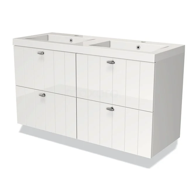White double vanity unit with four drawers, glossy finish, ideal for a modern bathroom.