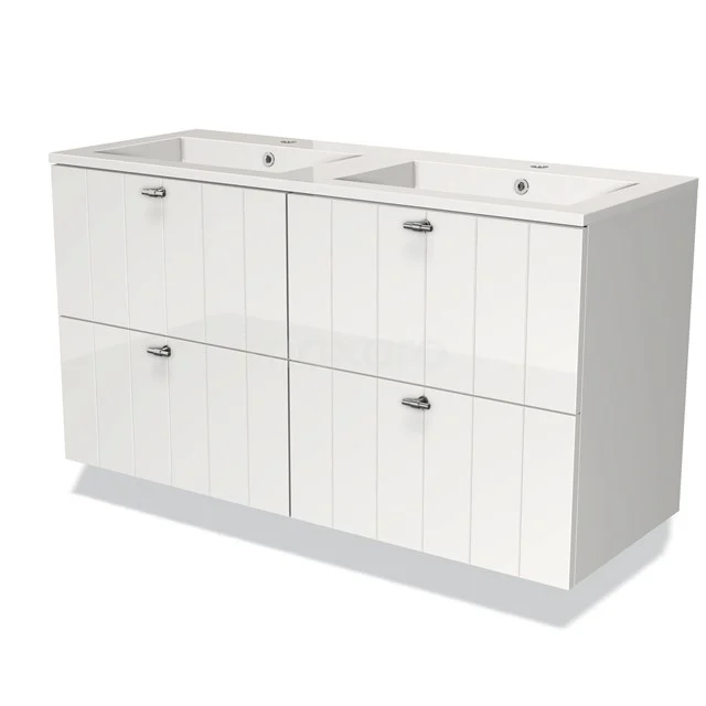 White wooden Bathroom unit with double basin, four drawers and modern chrome handles, ideal for stylish bathrooms.