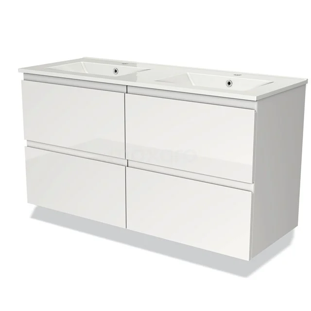 Wit dubbel badkamermeubel met strak design, vier ladefronten, keramische wastafel, ideaal voor moderne badkamers.