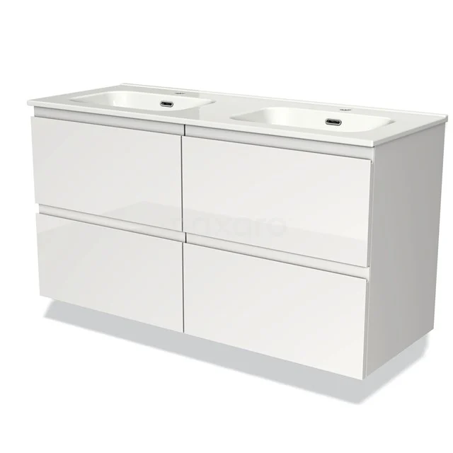 Dubbel badkamermeubel wit met keramische wastafels, vier soft-close lades, modern design voor stijlvolle badkamers.