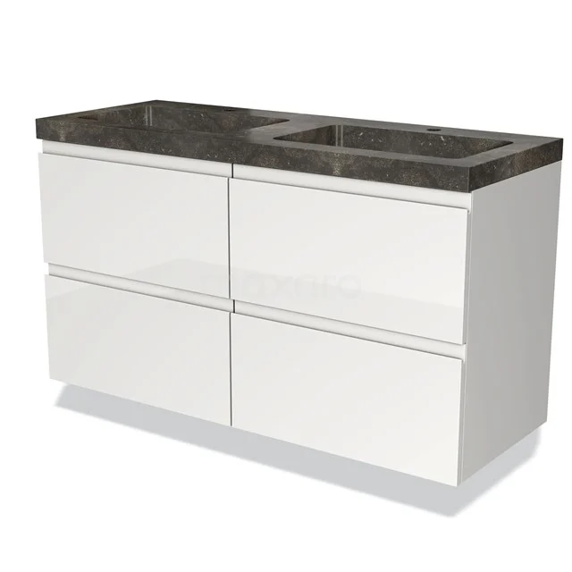 Wit badkamermeubel met vier lades en een zwart marmeren wastafelblad, strak design voor moderne badkamers.