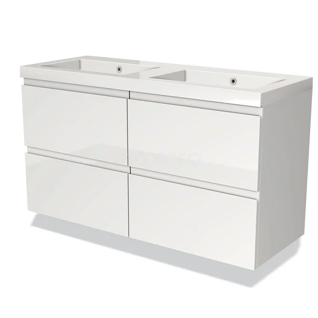 Wit dubbel wastafelmeubel met vier lades, glanzende afwerking, ideale opbergruimte voor een moderne badkamer.