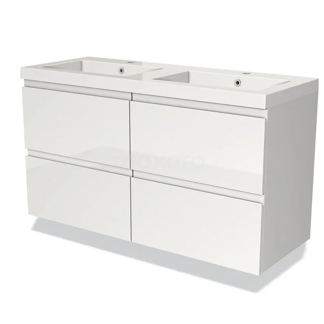White bathroom unit with double basin, high-gloss finish and four drawers, modern design made of durable materials.