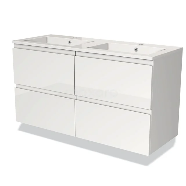 White bathroom unit with double basin, sleek design, four drawers, ideal for modern bathrooms.