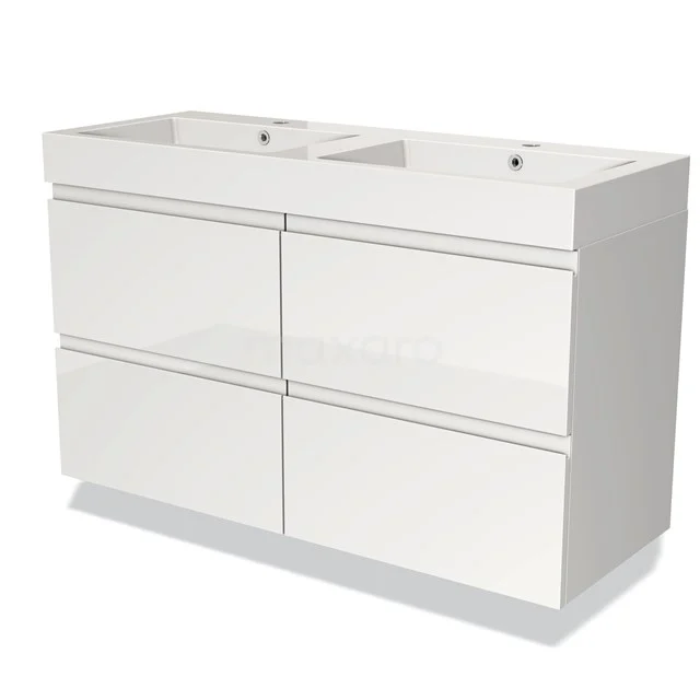 Wit dubbel wastafelmeubel met vier lades, modern design, ideaal voor een strakke en georganiseerde badkamer inrichting.