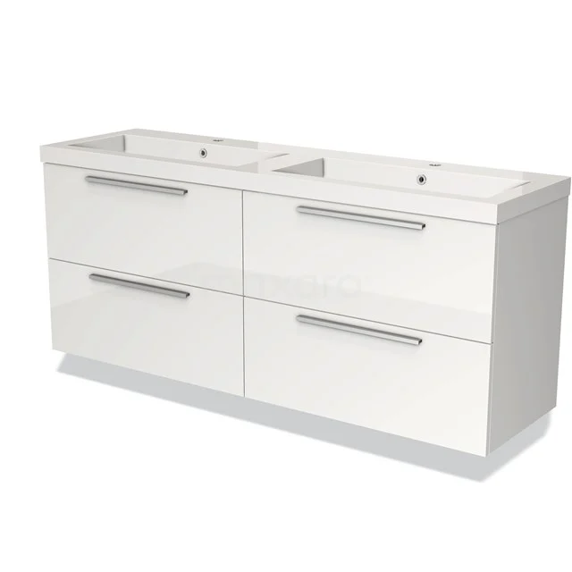Dubbele witte wastafelmeubel met vier lades en chromen handgrepen, ideaal voor een moderne badkamerstijl.