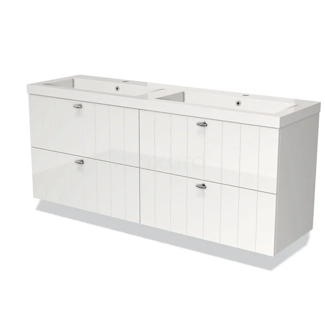 White, double vanity unit with four drawers, glossy finish, ideal for modern bathroom design.