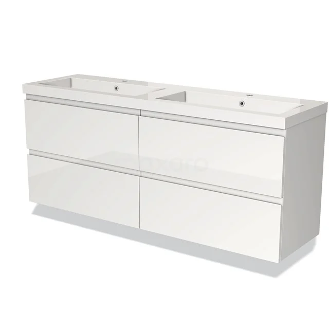 Hochglanz-Badmöbel 160cm Modulo Weiß 4 Schubladen griffloses Waschbecken Mineralguss BMW18-00312 Weißes Doppelwaschbeckenmöbel, modernes Design, vier Schubladen, ideal für Badezimmerlagerung und organisierter Badezimmerraum.