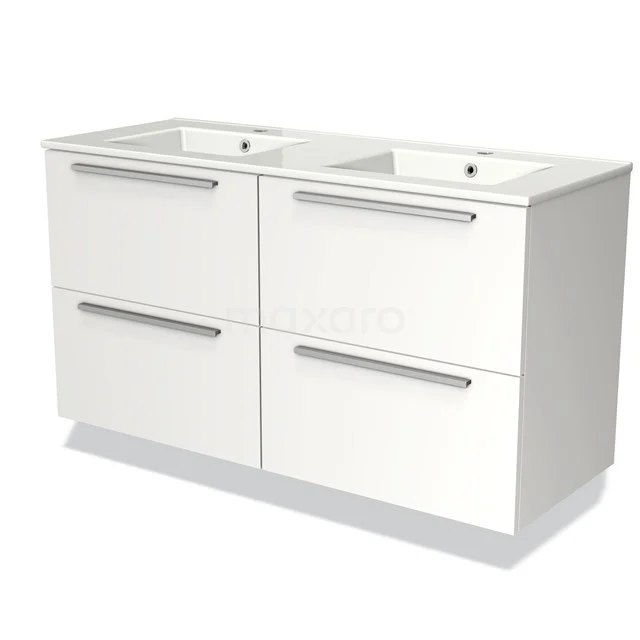 White modern bathroom furniture set with double basin and four drawers, stylish design for optimal storage space.