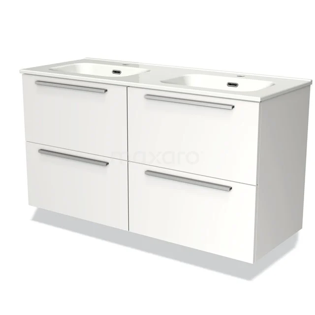 Weißes Doppel-Badmöbel mit vier Schubladen, schlichtes Design, geeignet für moderne Bäder.