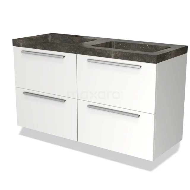 Weißes Badezimmermöbel mit vier Schubladen, schwarzer Marmorplatte und integriertem Waschbecken, modernes Design.