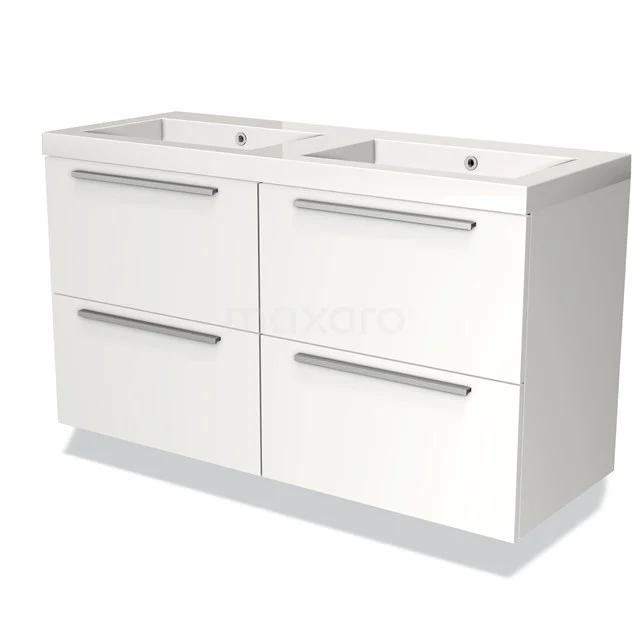 Weiße Badmöbelset mit Doppelwaschbecken, moderne grifflose Schubladeneinteilung, ideal für einen klaren Badezimmerstil.