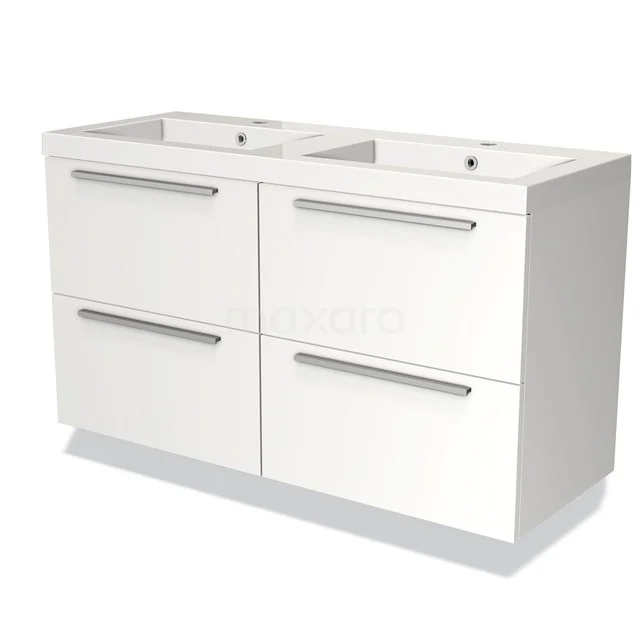 Badmöbel 120cm Modulo Matt Weiß 4 Schubladen Flaches Waschbecken Mineralguss BMW18-00321 Weißes Badezimmermöbel mit Doppelwaschbecken und vier Schubladen, modernes Design und schlichte Metallhaltegriffe.
