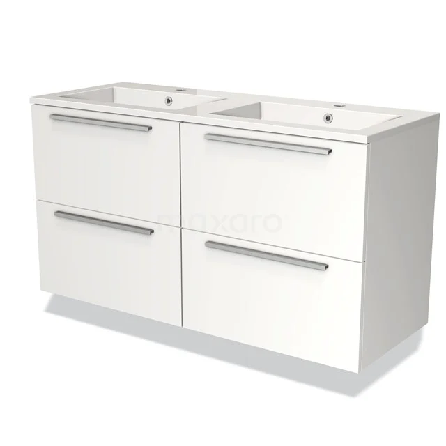 Witte dubbele wastafelmeubel met vier lades, modern design en strak afgewerkt, ideaal voor een stijlvolle badkamer.