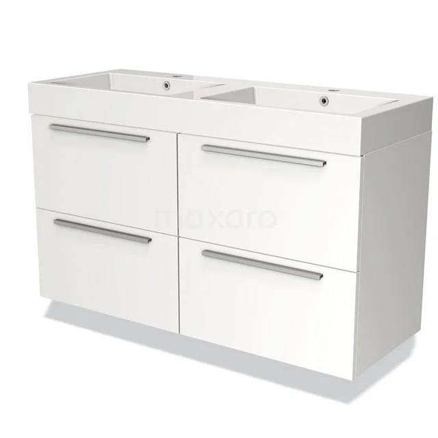 Weißes Doppel-Badmöbel mit vier Schubladen, schlankes Design und metallischen Griffen, perfekt für moderne Badezimmerlagerung.