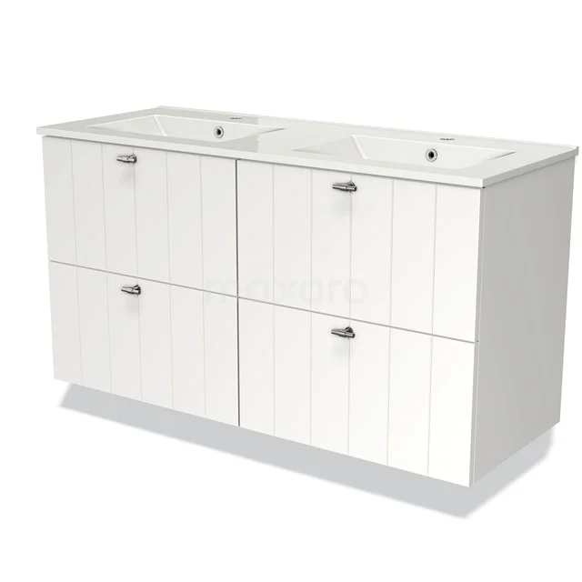 Wit houten badkamermeubel met dubbele wastafel, geribbelde fronten en chromen handgrepen, ideaal voor een moderne badkamer.