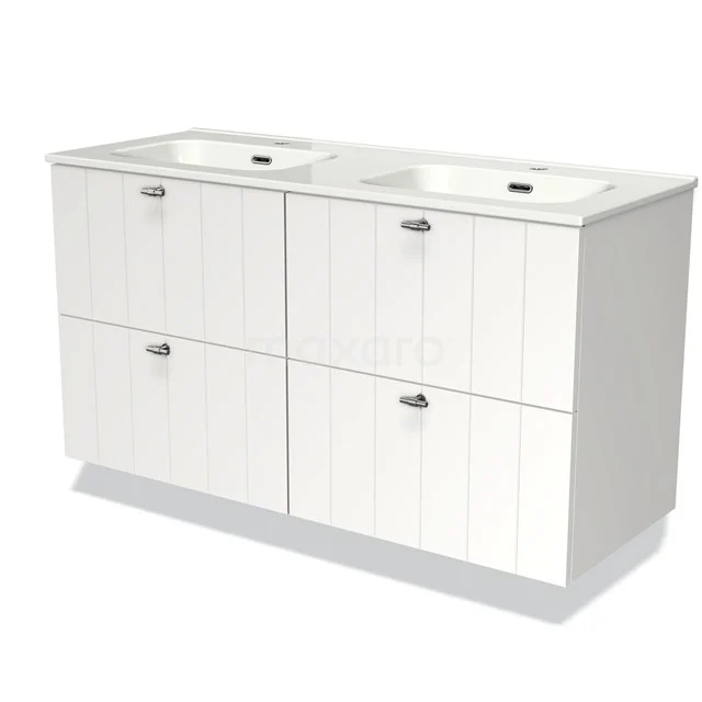 Weißes Holz-Badmöbel mit doppeltem Waschbecken, vertikalen Linien und vier Schubladen, ideal für organisierten Badezimmerraum.