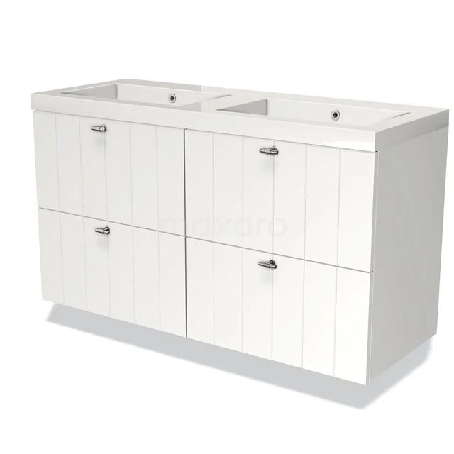 Wit houten badkamermeubel met dubbele wastafel en 4 lades, uitgevoerd in een modern paneeldesign.
