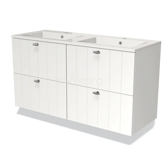 White bathroom unit with double basin, four handleless drawers and modern panels; ideal for stylish bathroom storage.